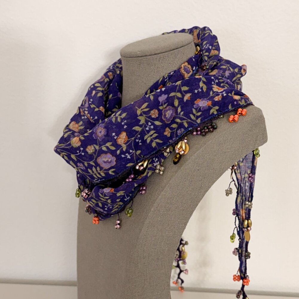 Traditional Turkish Oya Neck Violet  Scarf Bead & Needle Lace on Lawn Cotton - Picture 5 of 16